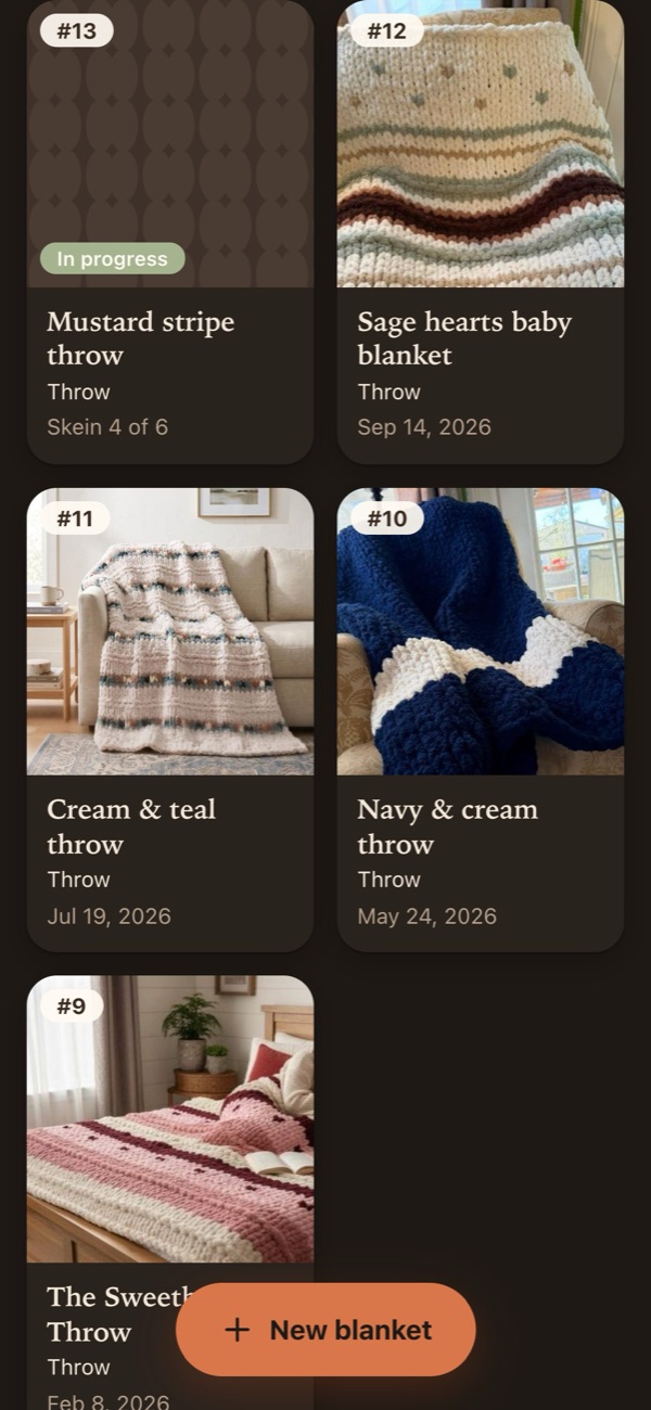 ImadeIt home screen in dark mode, showing blanket cards with photos.