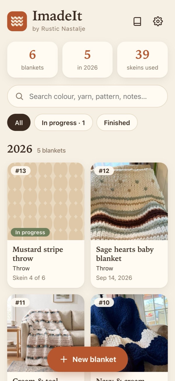 ImadeIt home screen: six blankets grouped by year, with totals of 6 blankets, 5 this year and 39 skeins used.