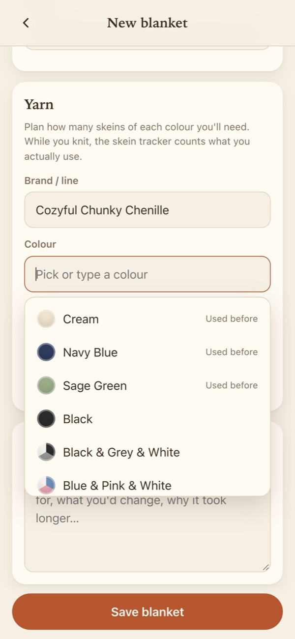 Yarn picker: Cozyful Chunky Chenille is chosen and its colours are listed with swatches, including Cream, Navy Blue and Sage Green.
